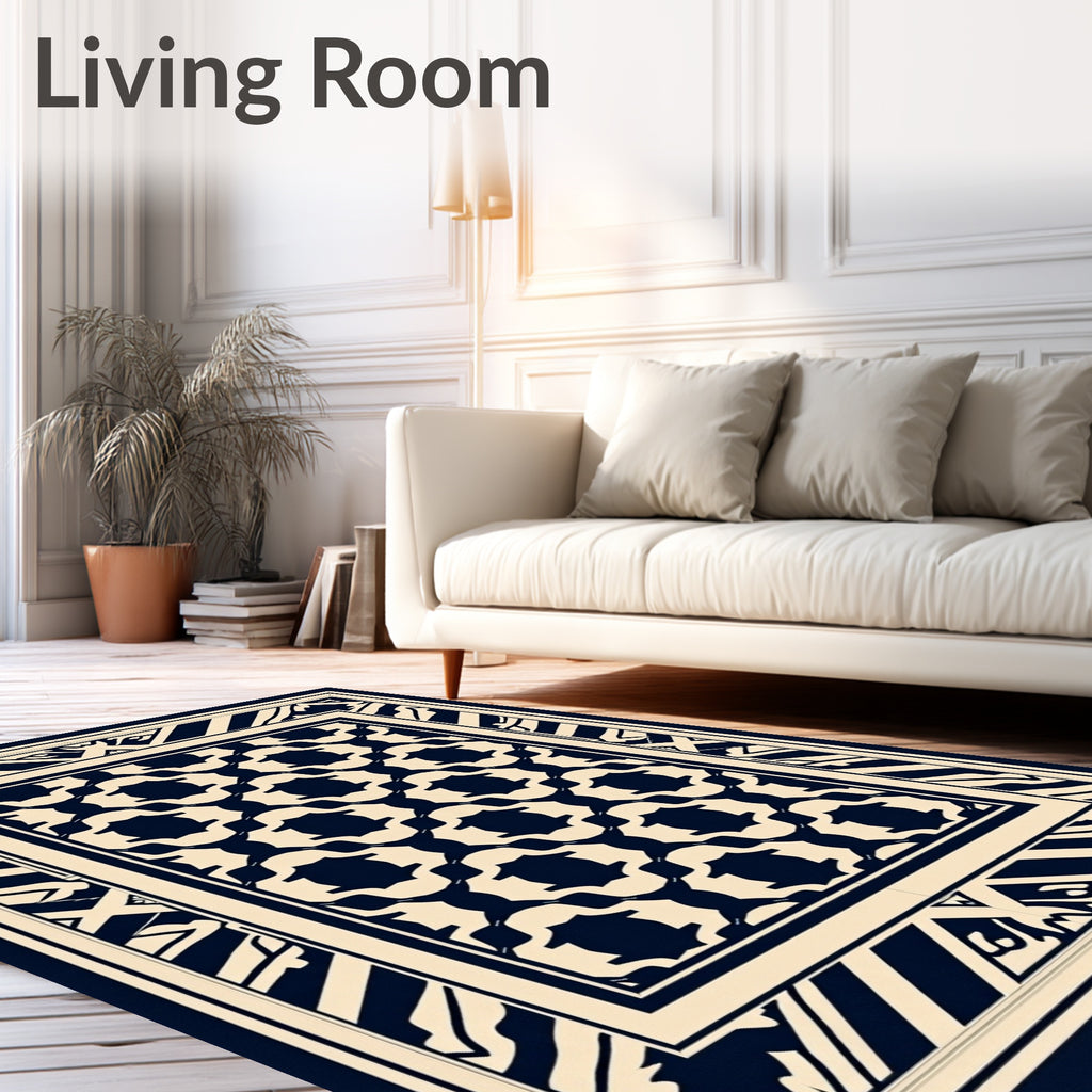 Dark Navy Cream Geometric Pattern Rug