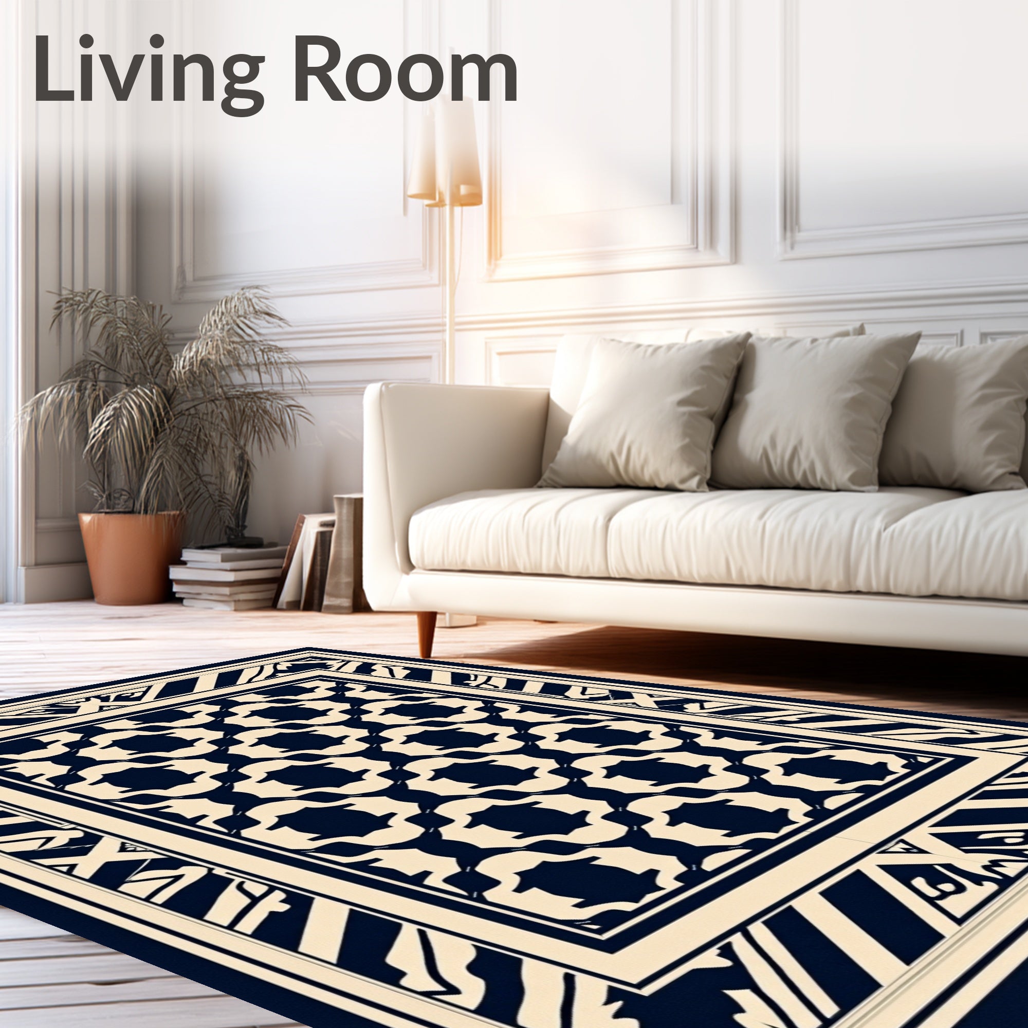 Dark Navy Cream Geometric Pattern Rug