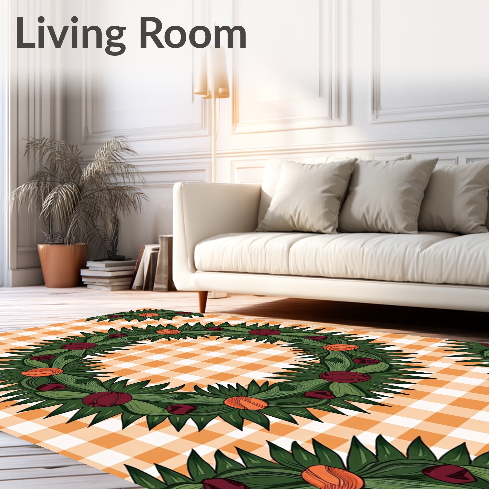 Green Wreath with Berries Orange Gingham Rug