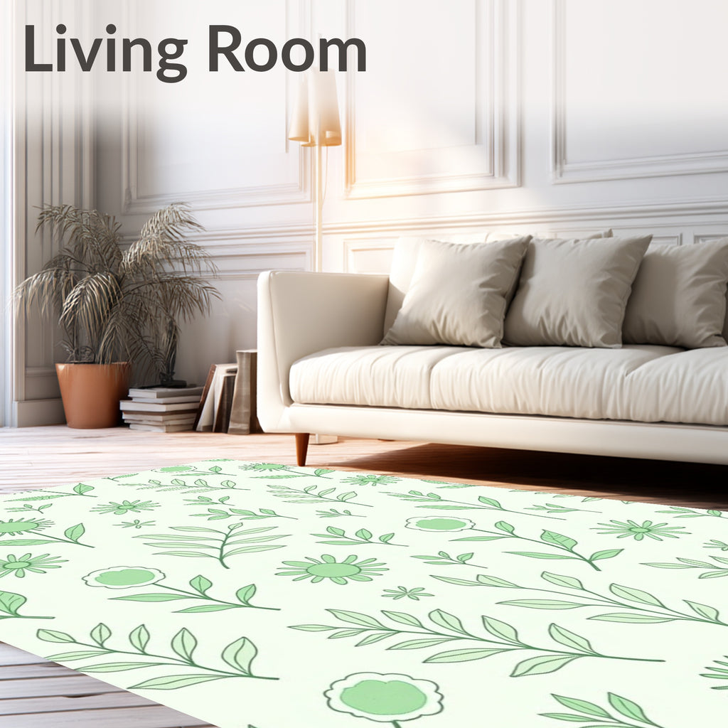 Delicate Green Floral Botanical Pattern Rug