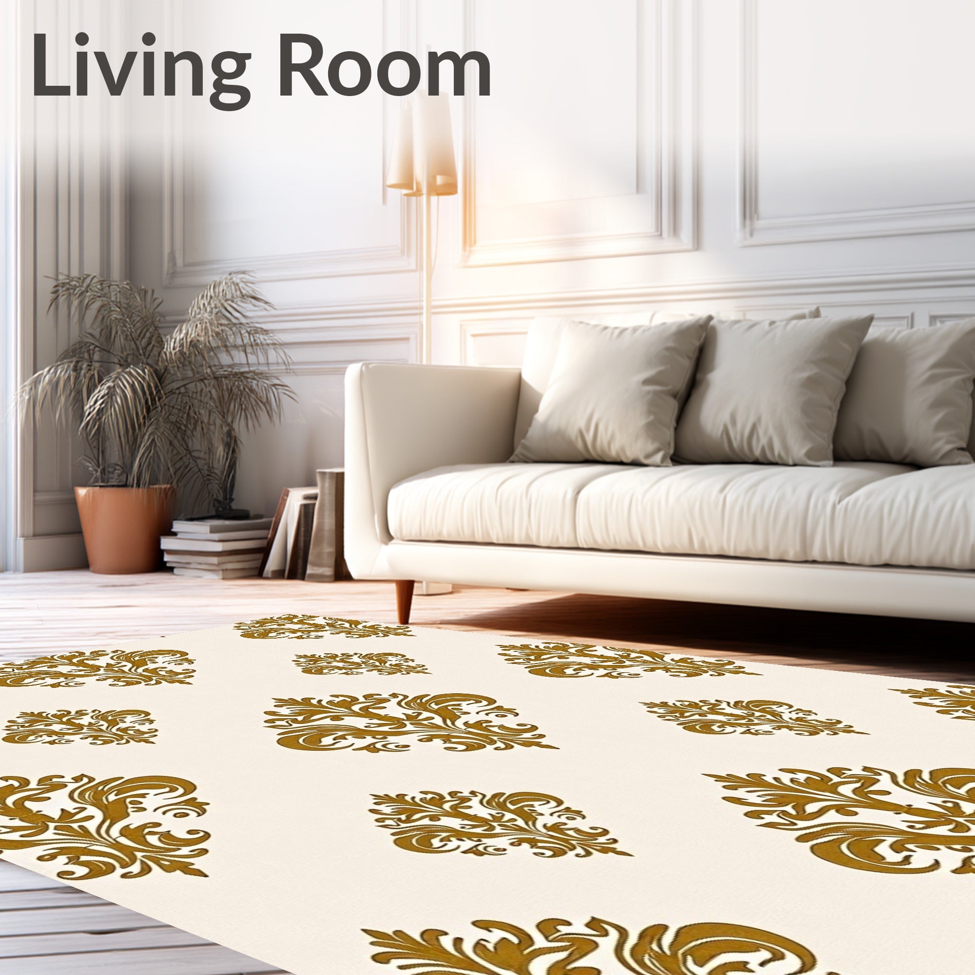 Ornate Gold Leaf Damask Pattern Rug