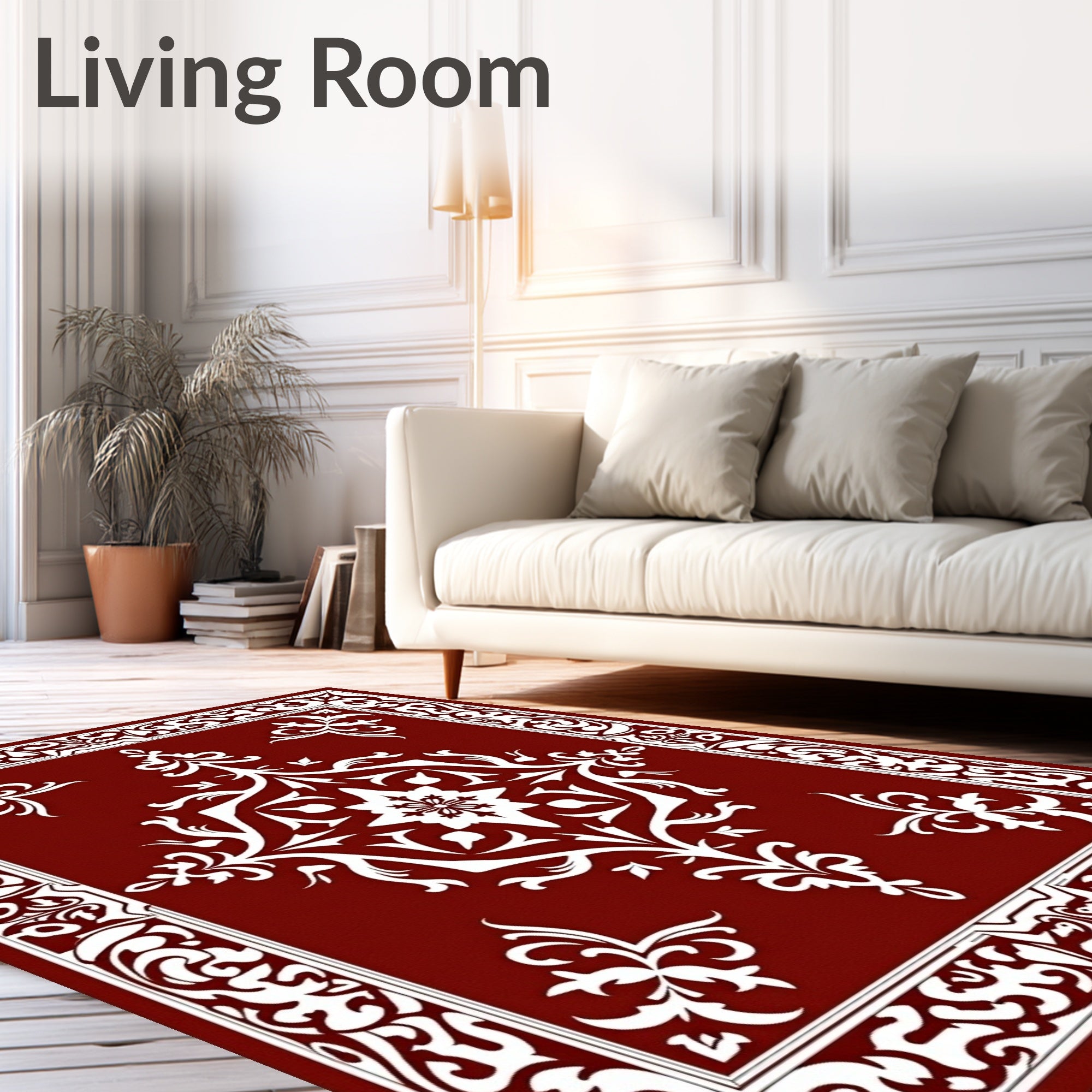Red White Elaborate Floral Border Design Rug