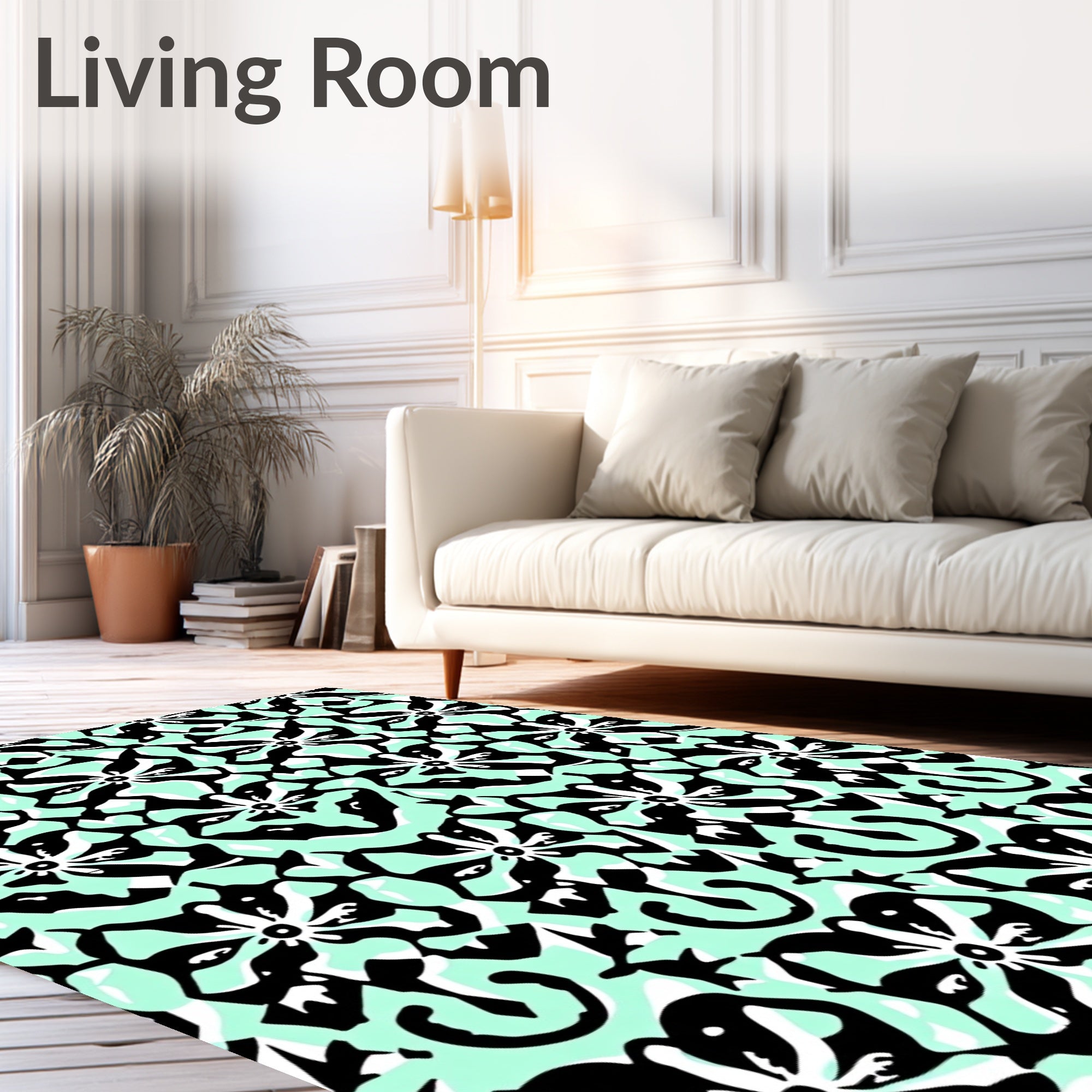 Black White Floral Graphic Pattern Rug