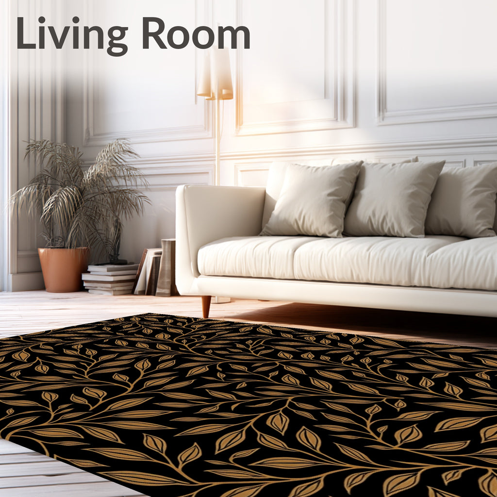 Elegant Gold Leaf Branch Pattern Rug