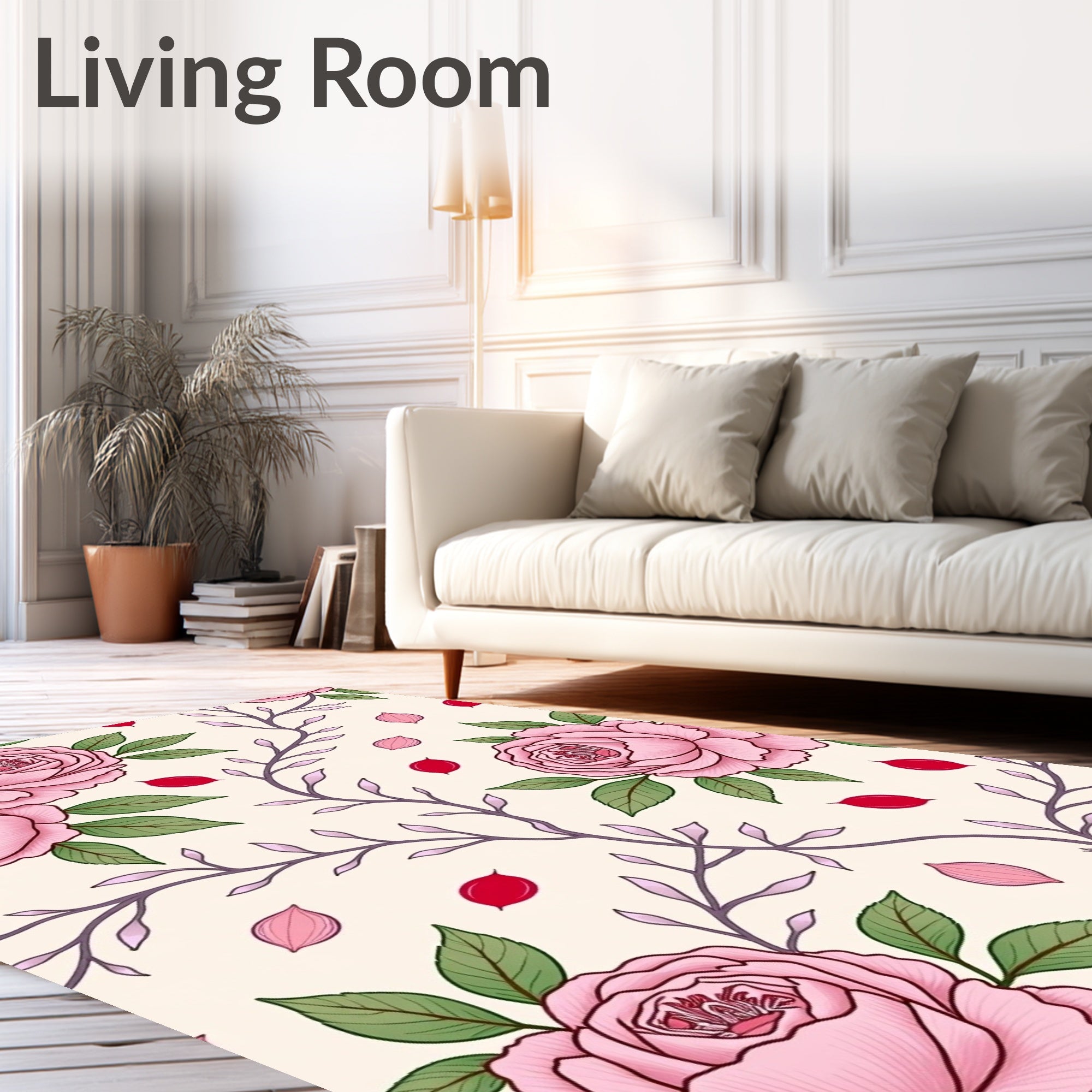 Pink Roses With Green Leaves Pattern Rug