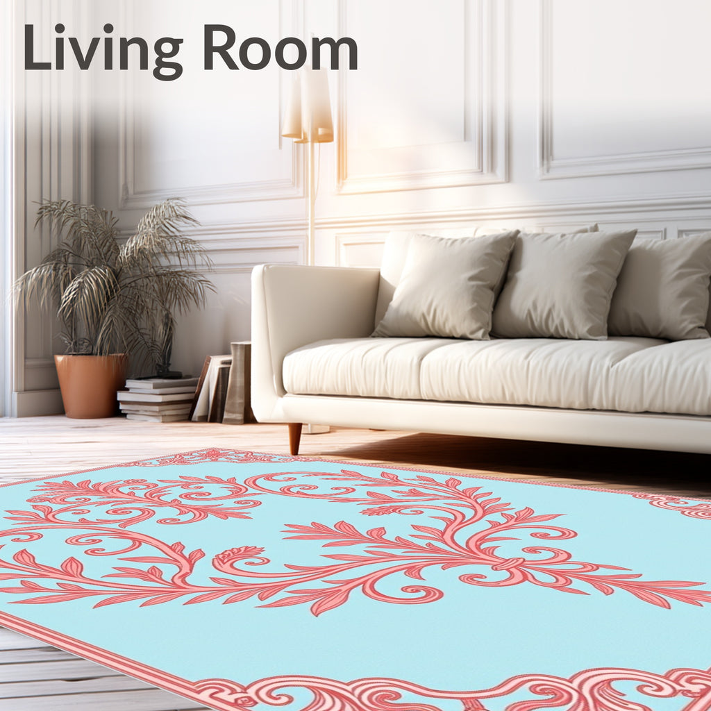 Coral Floral Scroll Patterned Rug