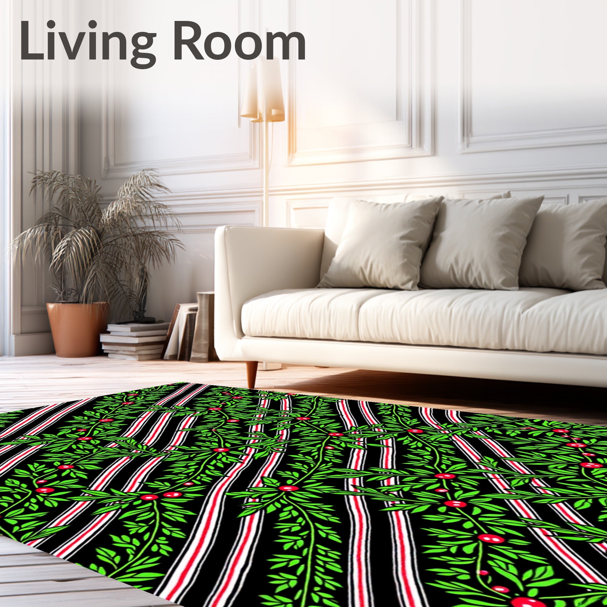 Green Berry Vine Red Stripe Rug