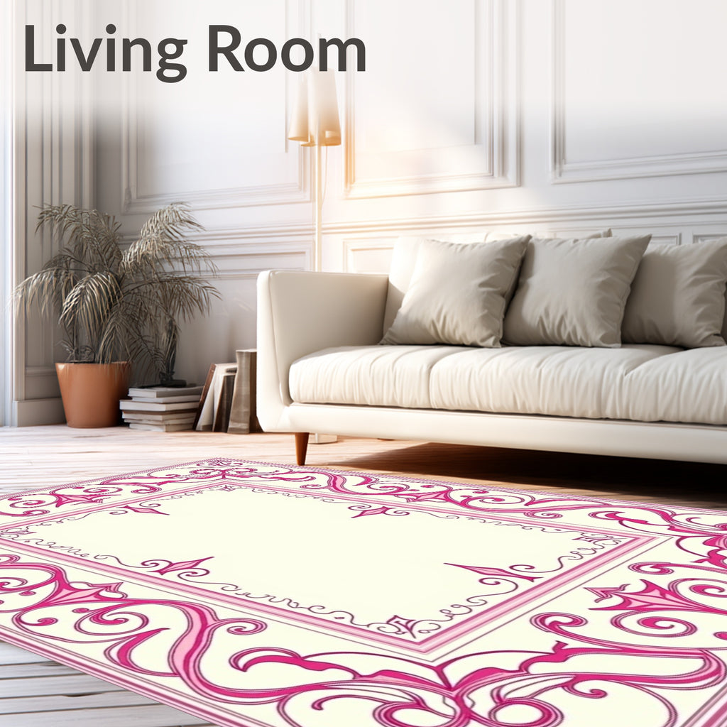 Ornate Pink Floral Scroll Border Rug