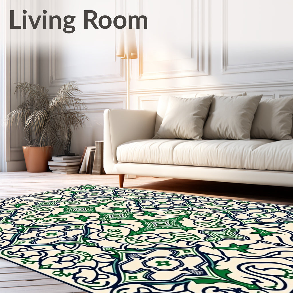 Ornate Green Ivory Floral Pattern Rug
