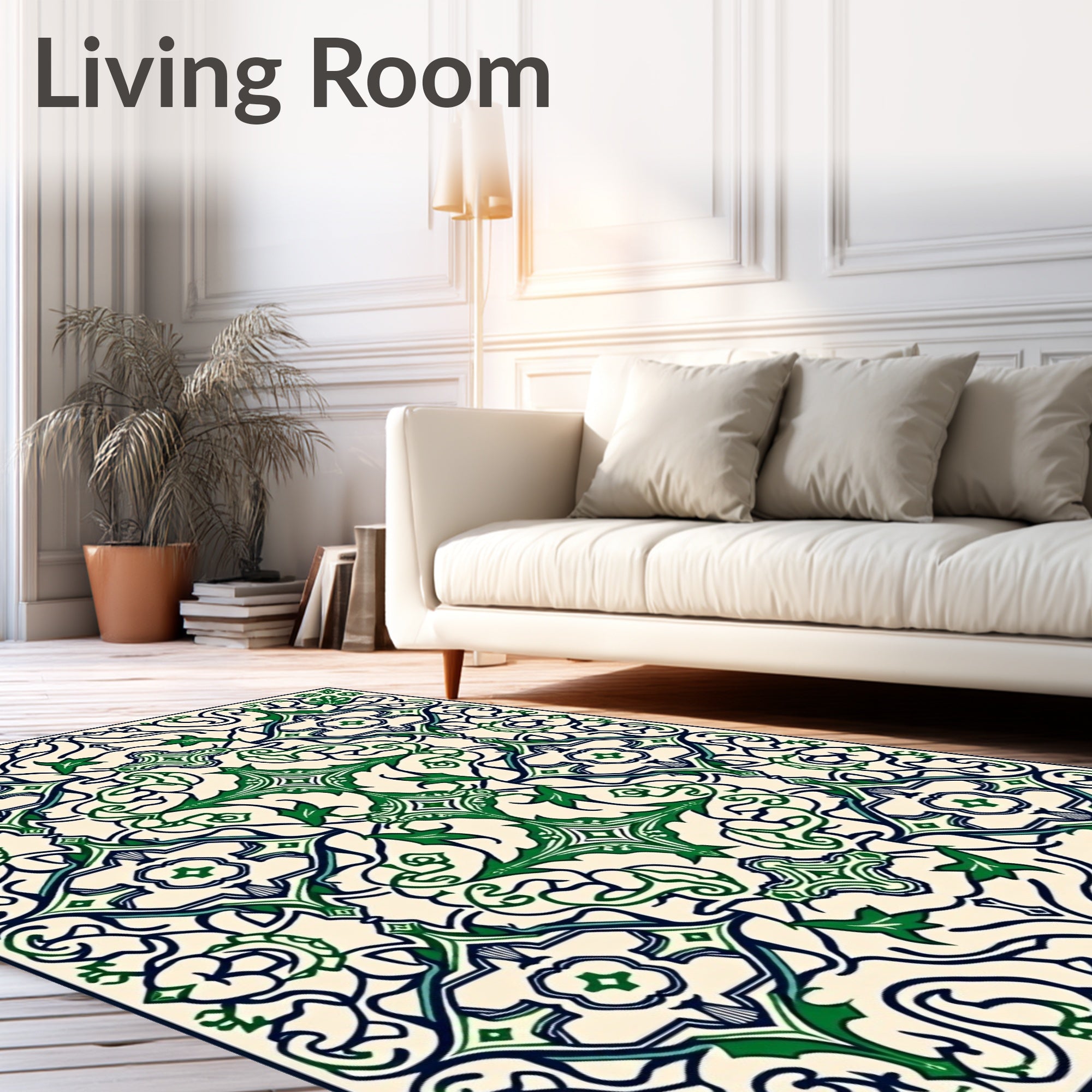 Ornate Green Ivory Floral Pattern Rug