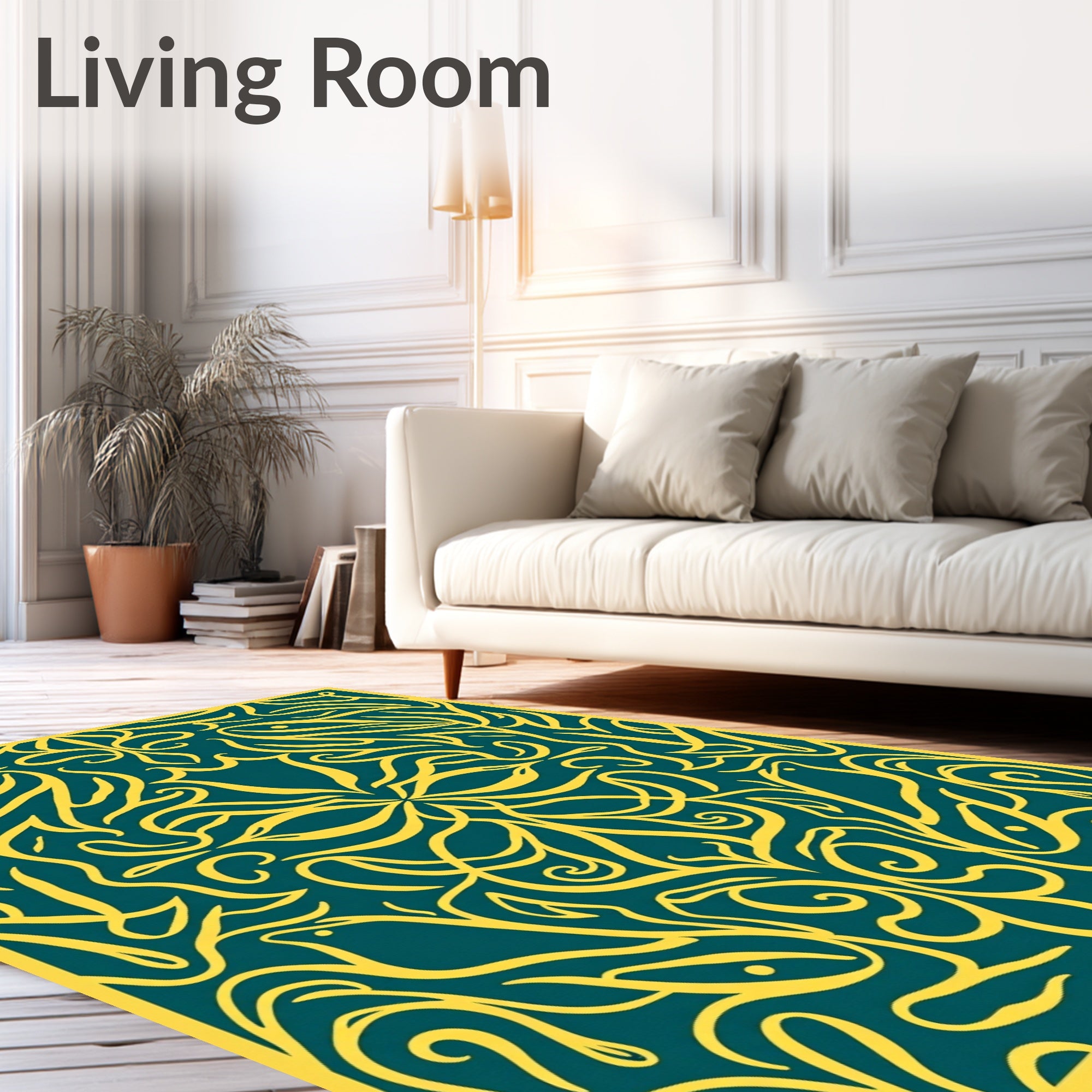 Artistic Yellow Teal Floral Pattern Rug