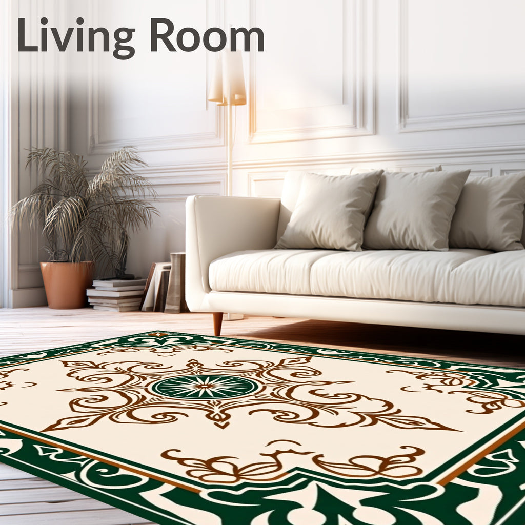 Elegant Brown Green Floral Medallion Rug