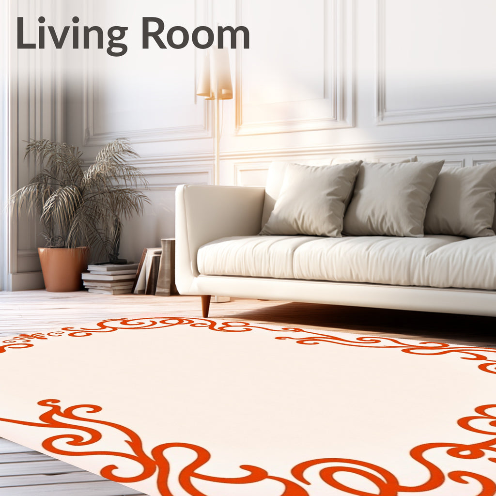 Orange Floral Swirl Scroll Border Rug