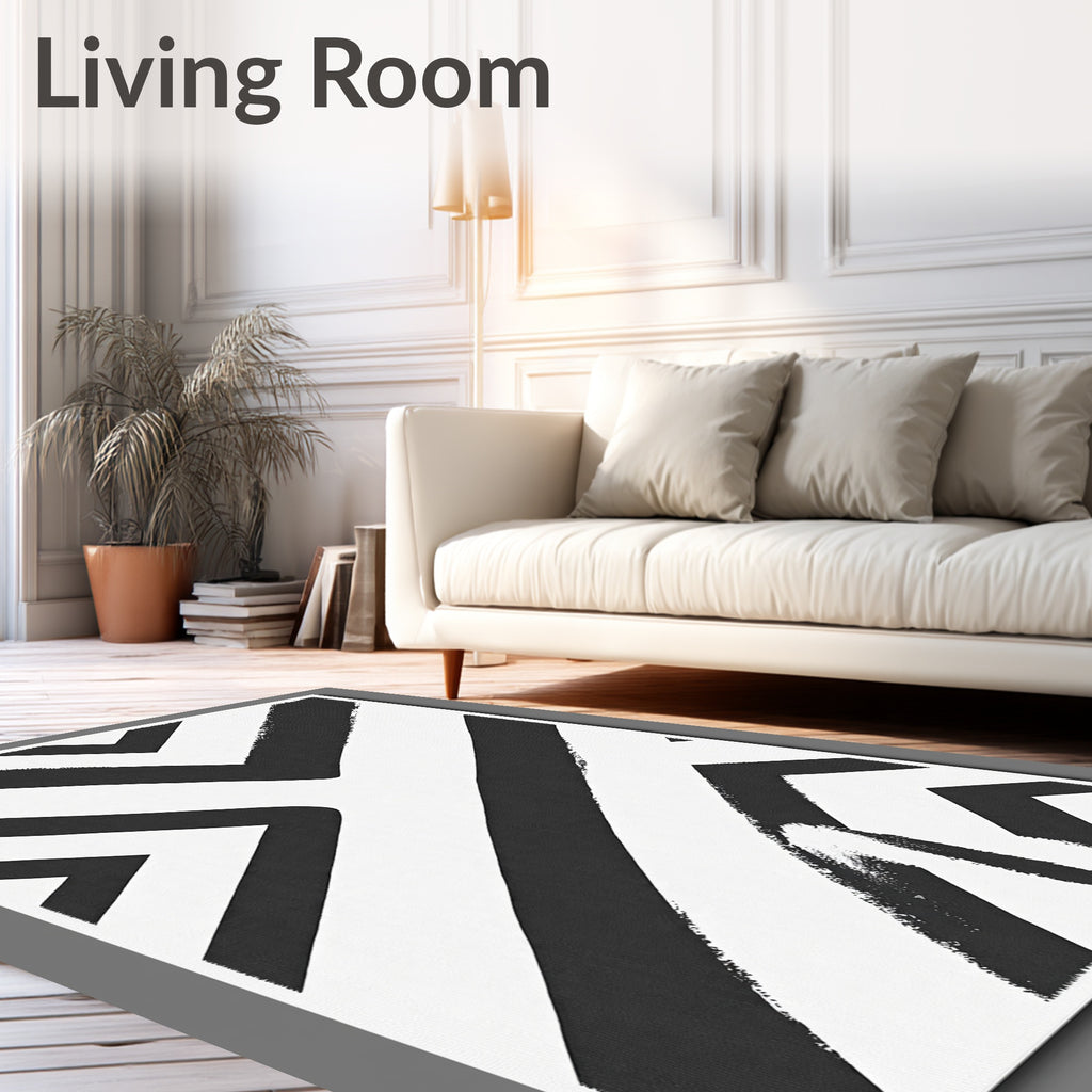 Bold Black White Geometric Brushstroke Rug