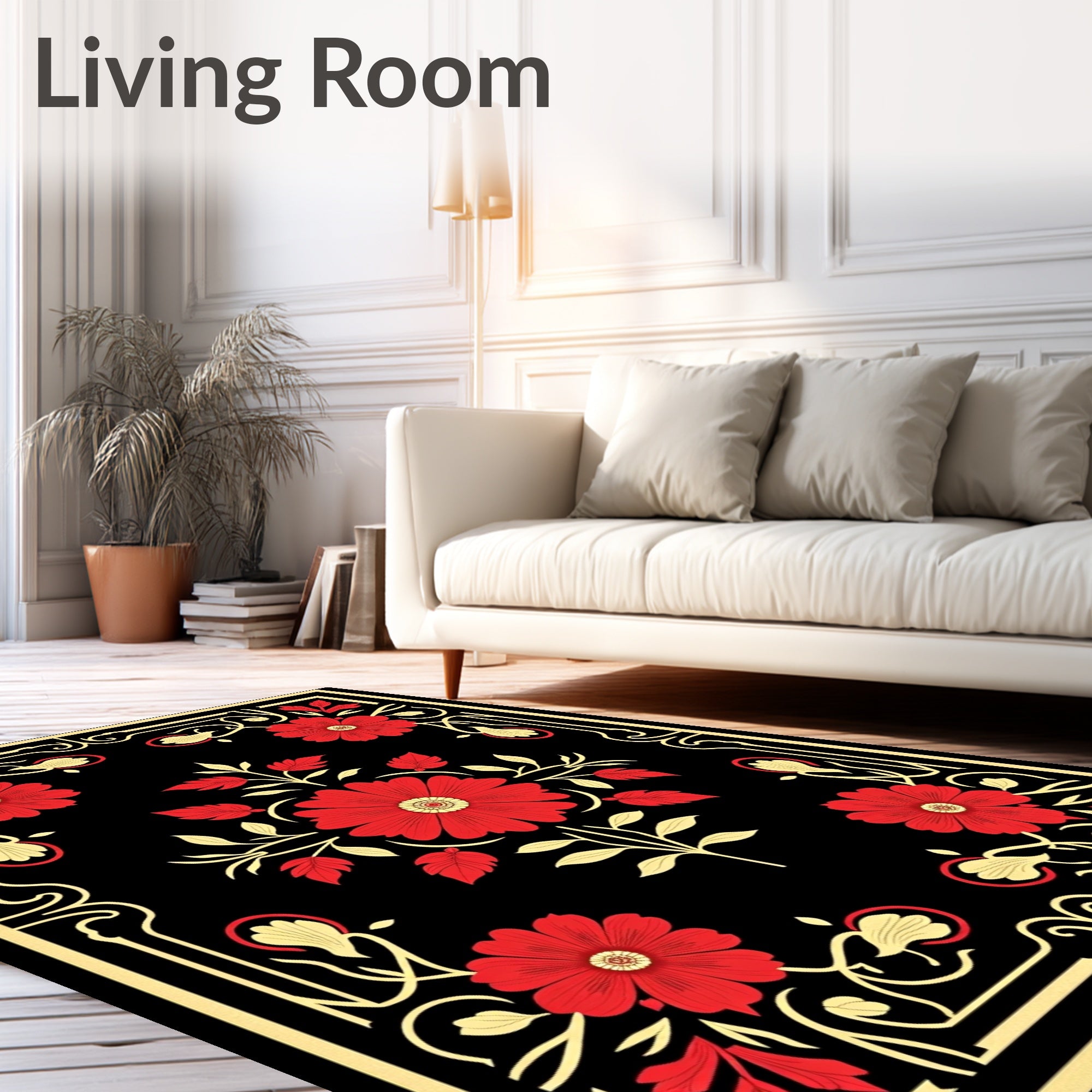 Red Floral With Gold Border Design Rug
