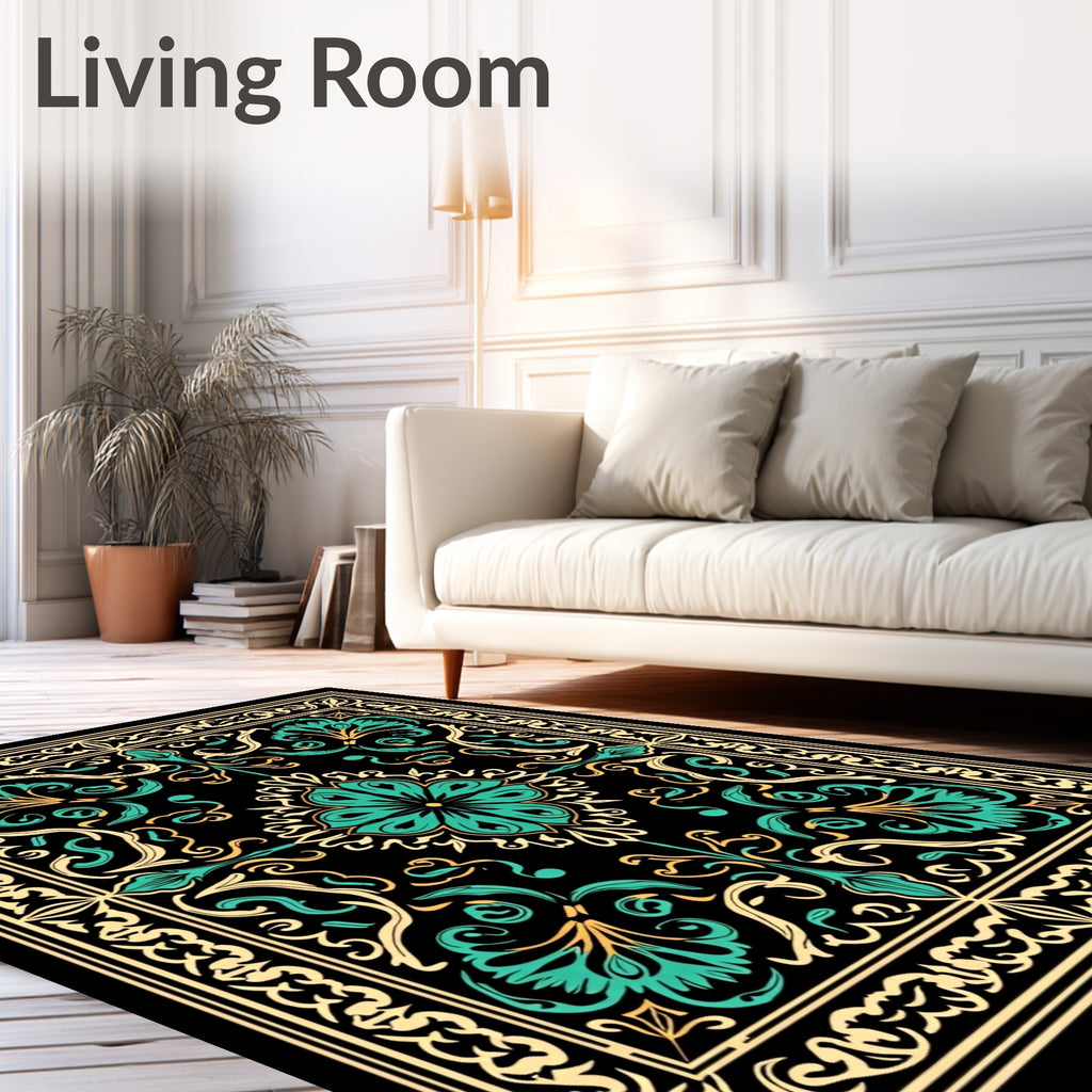 Ornate Teal Gold Floral Scroll Rug