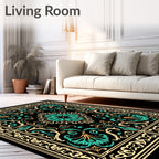 Ornate Teal Gold Floral Scroll Rug