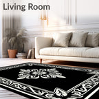Ornate Floral Border Black White Rug
