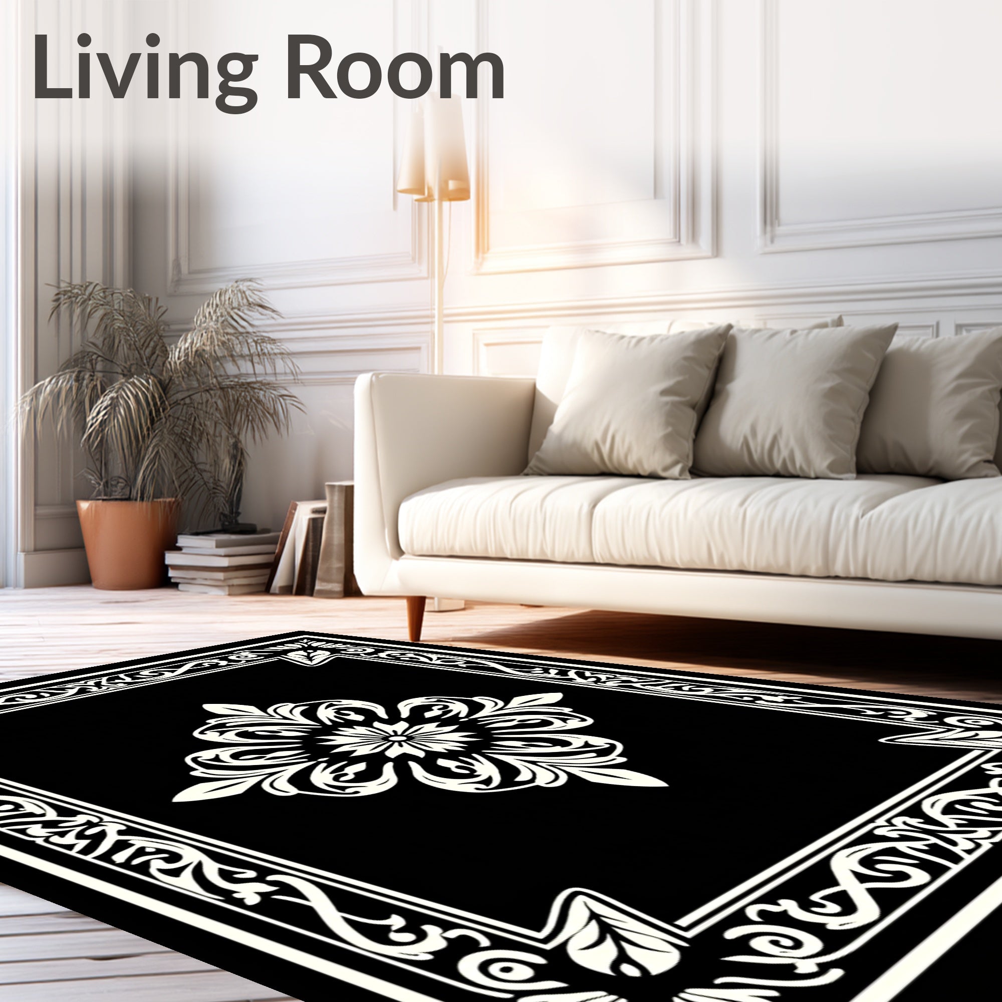Ornate Floral Border Black White Rug