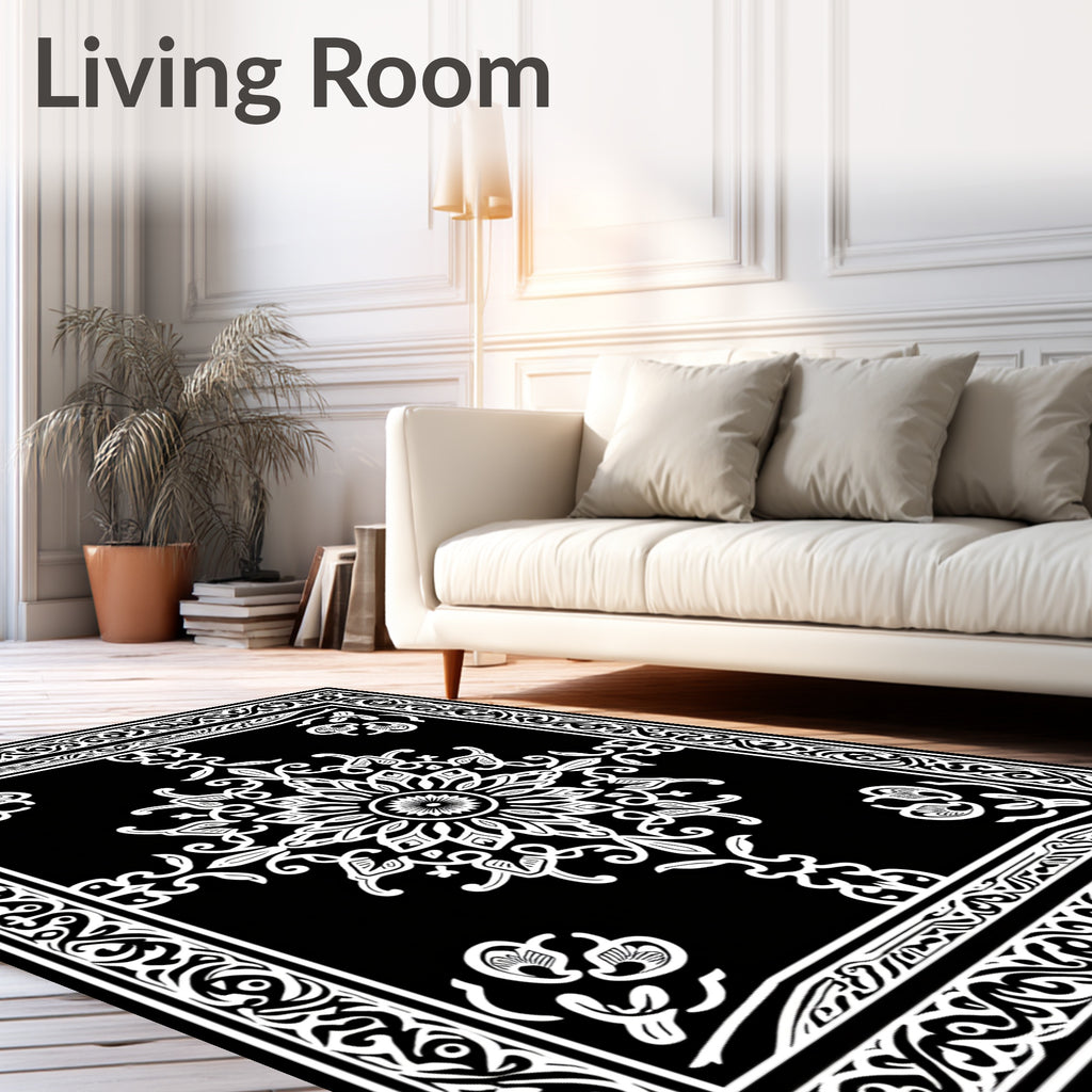 Ornate Black White Floral Mandala Rug