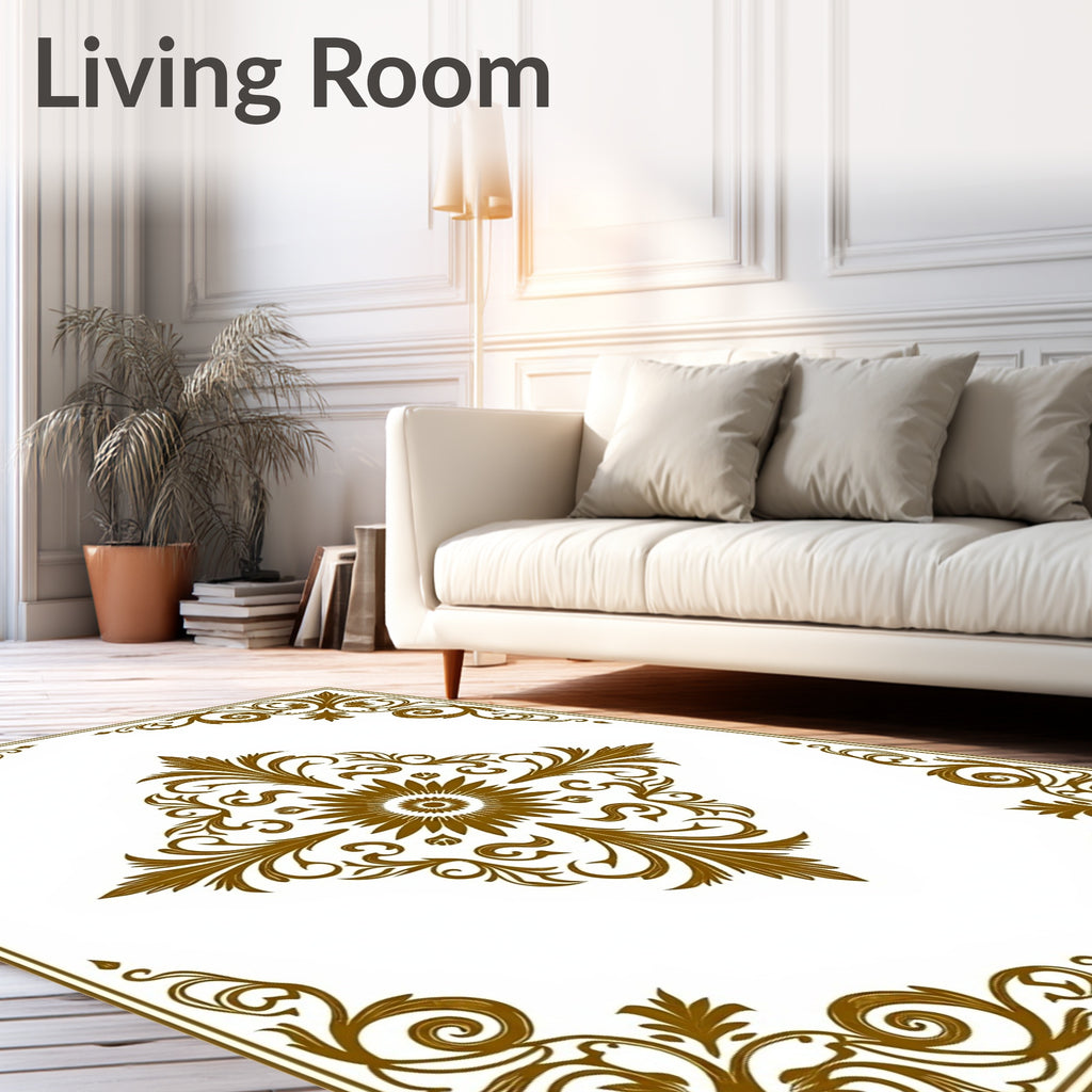 Ornate Golden Scrollwork Floral Design Rug