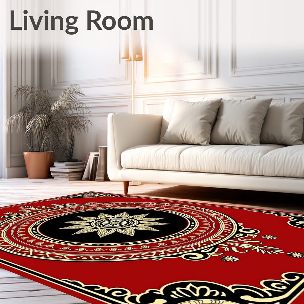 Ornate Red Floral Mandala Pattern Rug