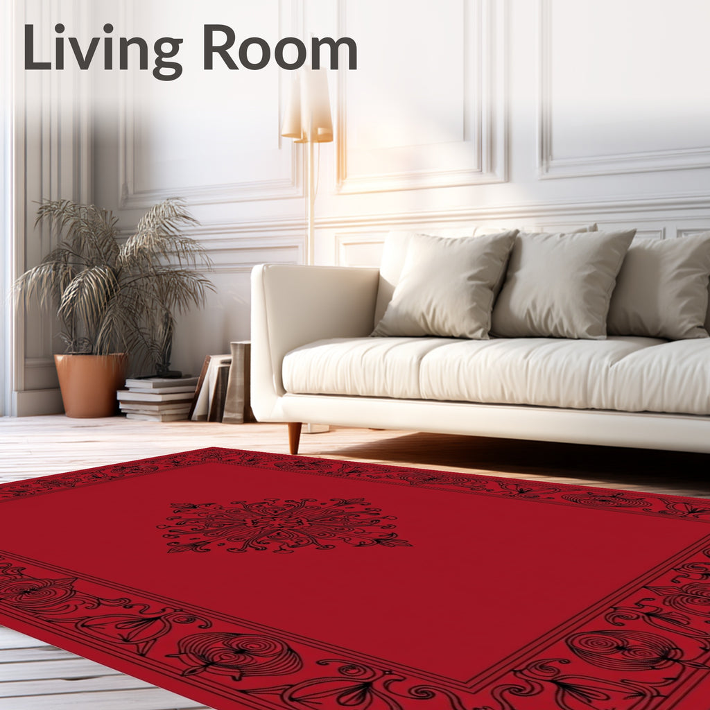 Elaborate Black Border Red Center Design Rug