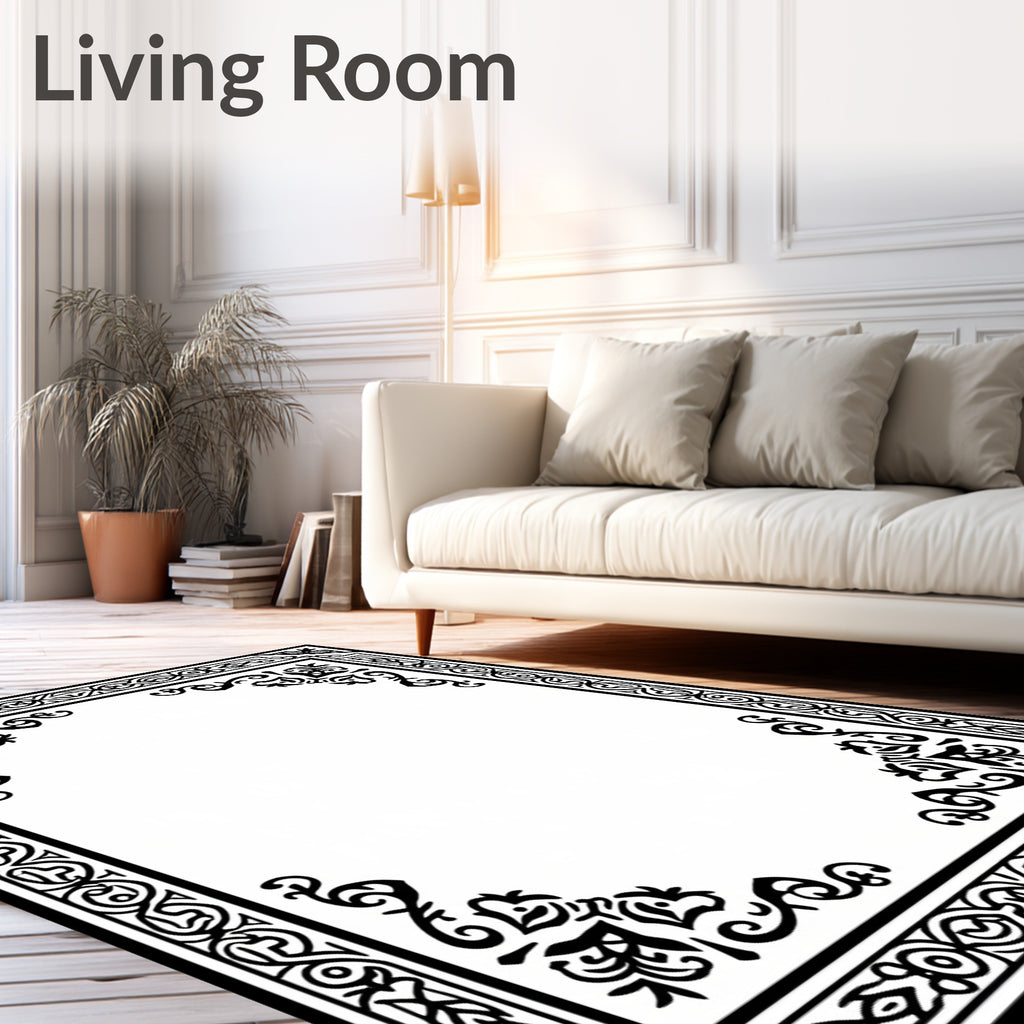 Black Intricate Floral Border Design Rug