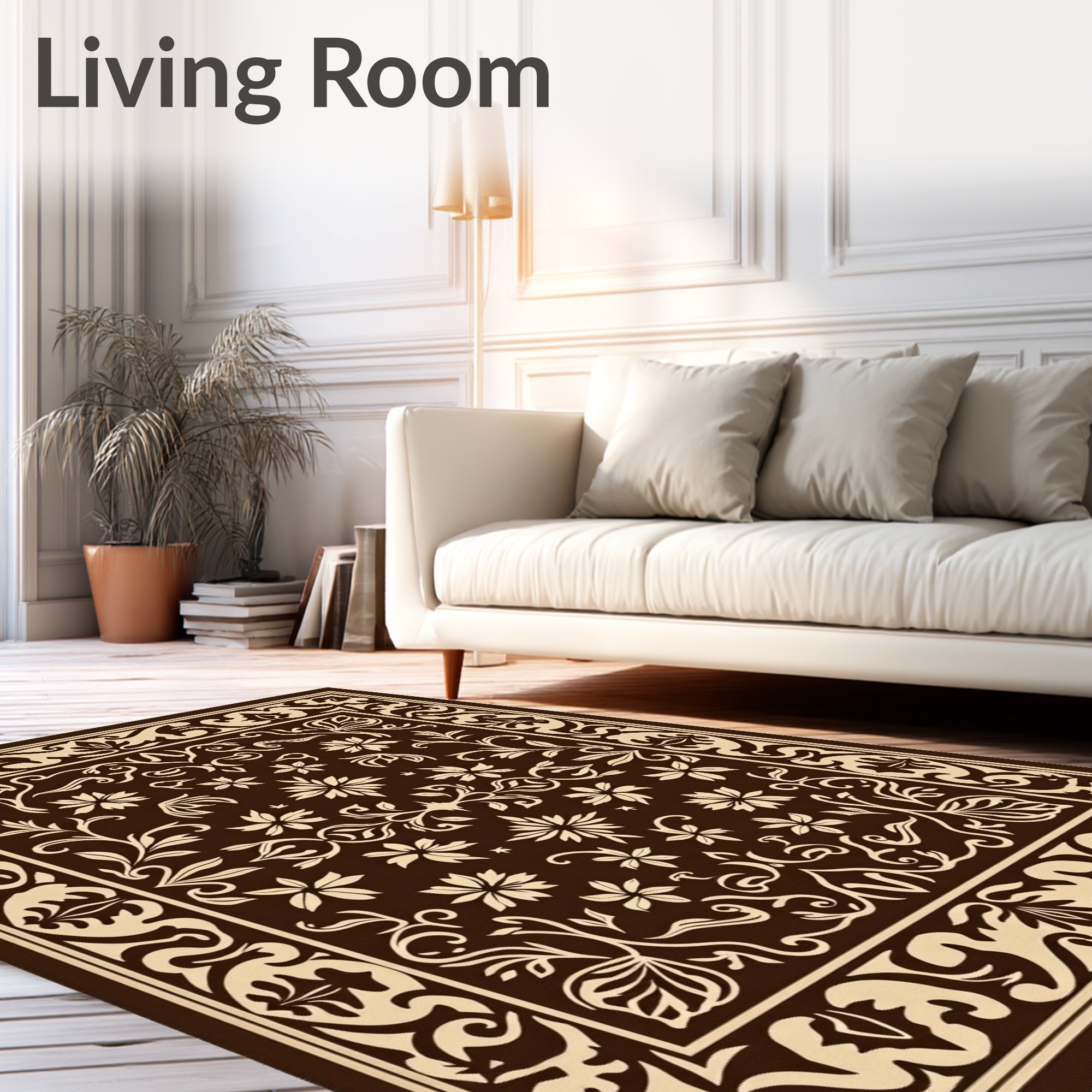 Ornate Floral Garden Cream Brown Rug