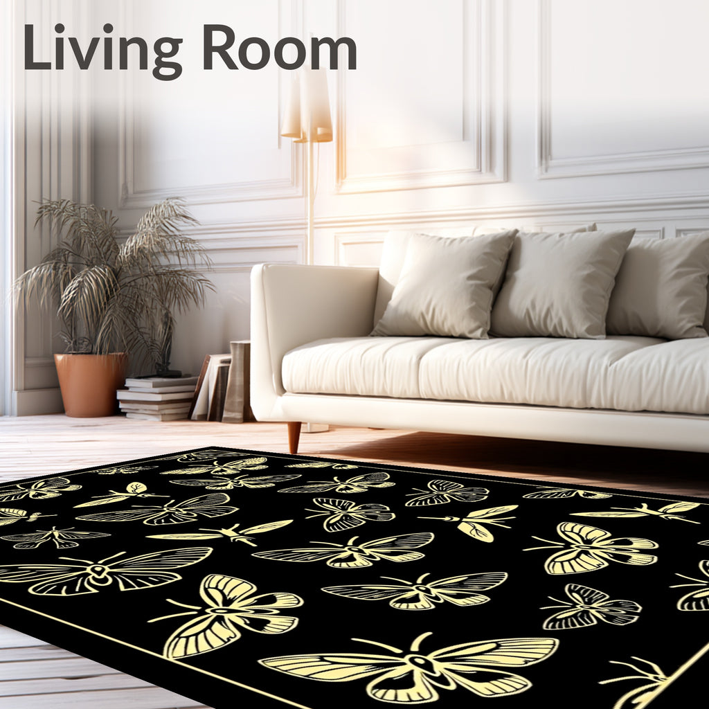 Yellow Moth Pattern On Black Design Rug