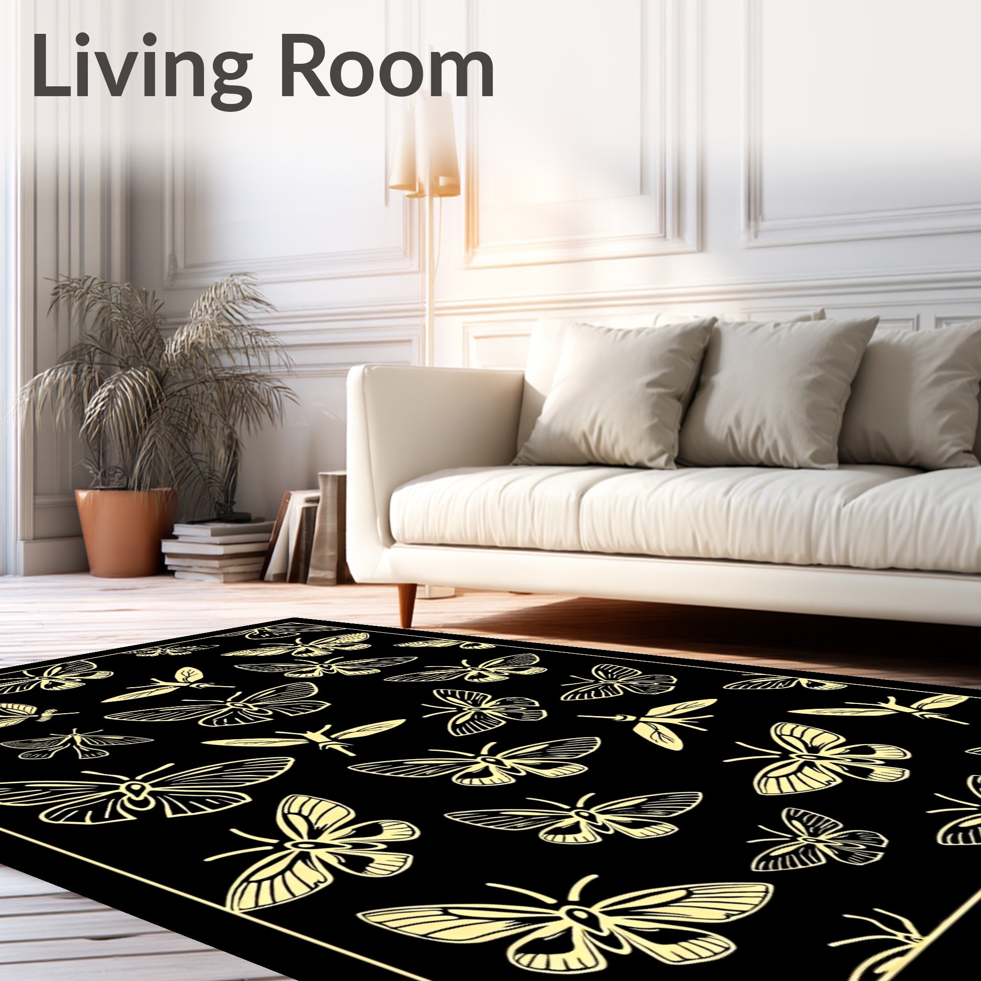 Yellow Moth Pattern On Black Design Rug
