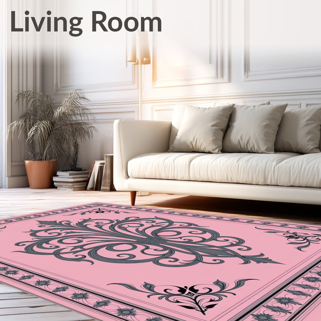 Ornate Grey Pink Flourish Design Rug