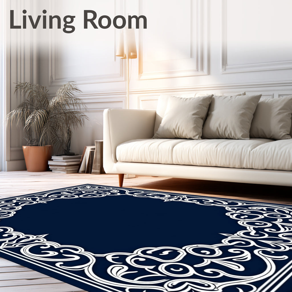 Ornate Floral Scrollwork White Border Rug