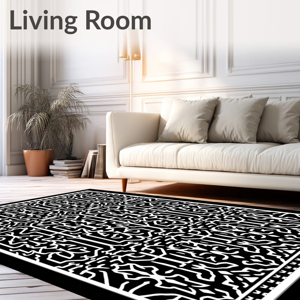 Intricate Black White Linear Pattern Rug
