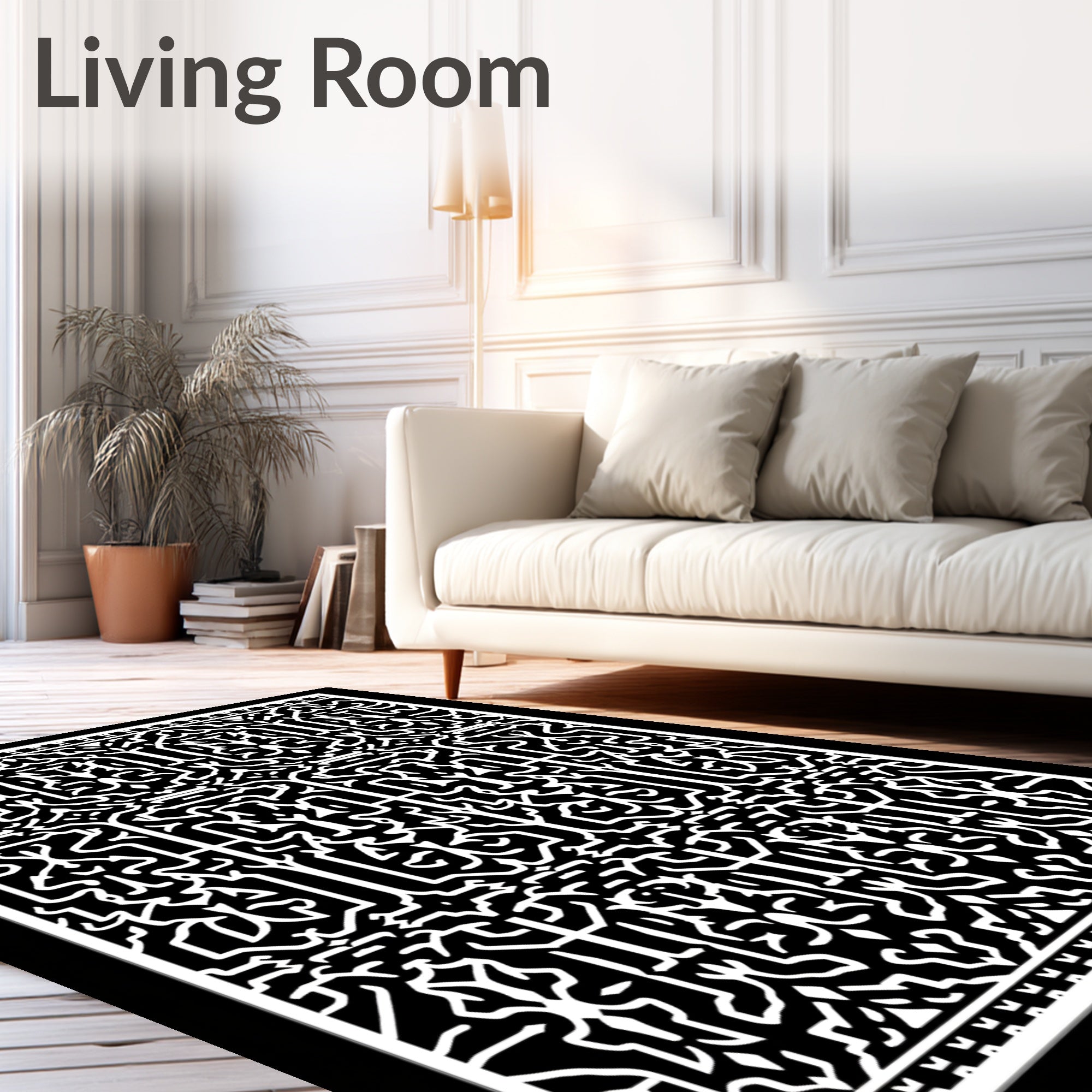Intricate Black White Linear Pattern Rug