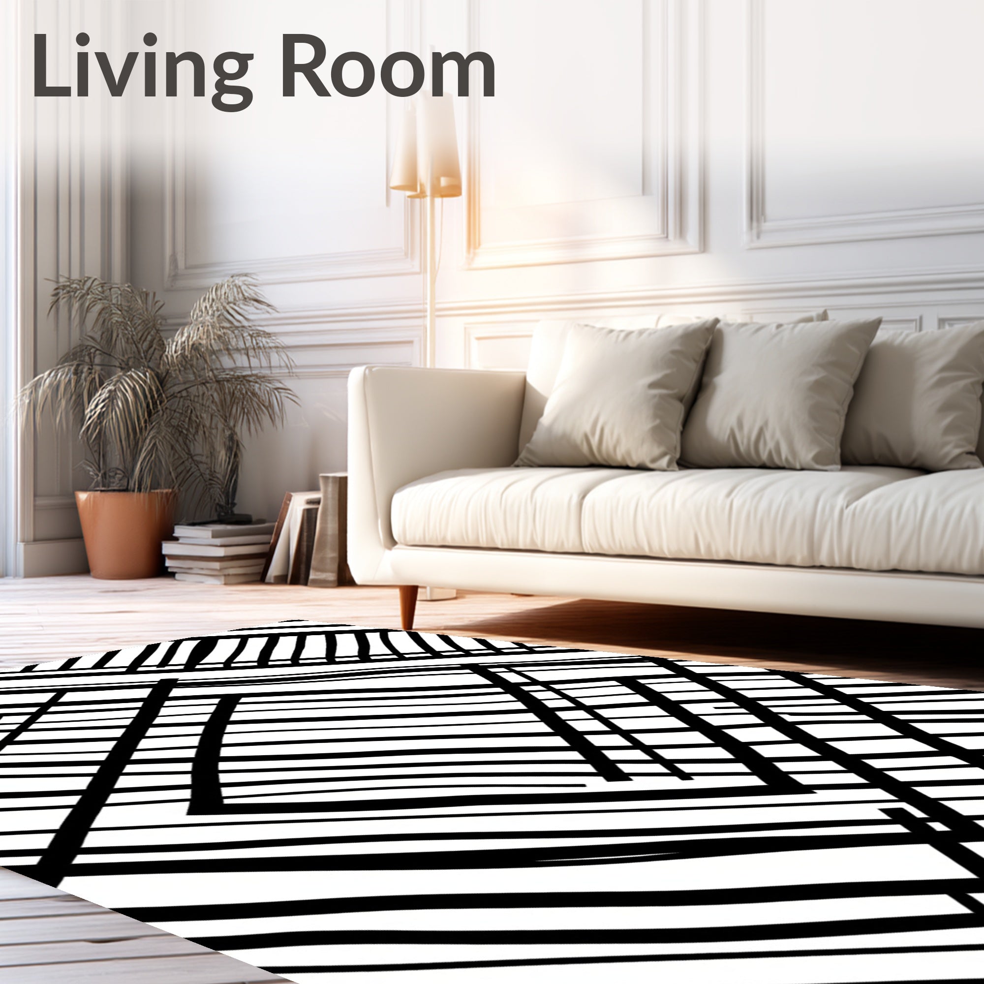 Modern Black White Intersecting Lines Pattern Rug