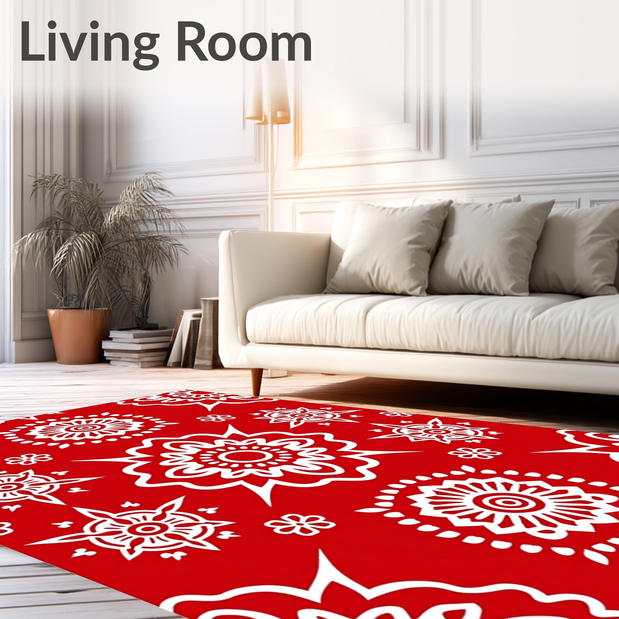 Red White Floral Round Medallion Pattern Rug