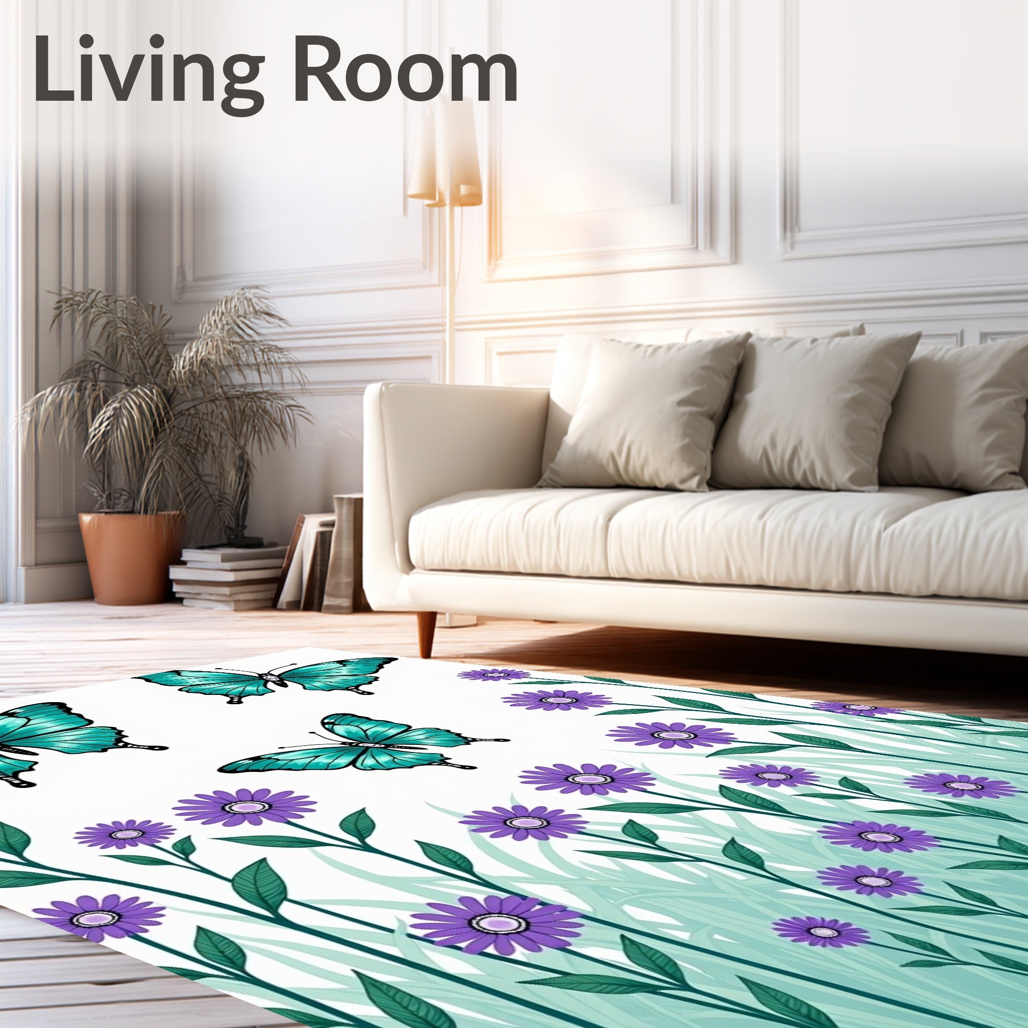 Turquoise Butterflies Purple Flowers Garden Rug