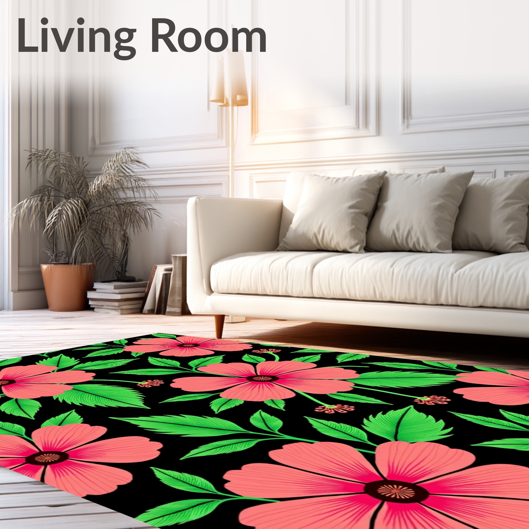 Coral Floral Green Leaf Pattern Rug