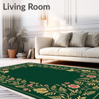 Golden Floral Birds on Green Rug