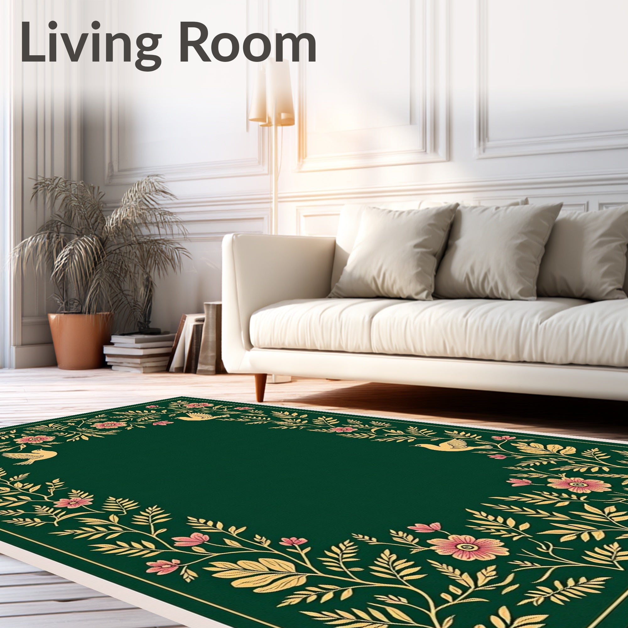 Golden Floral Birds on Green Rug