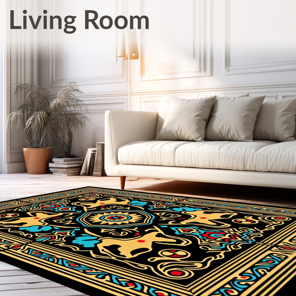 Graphic Gold Red Blue Animal Pattern Rug