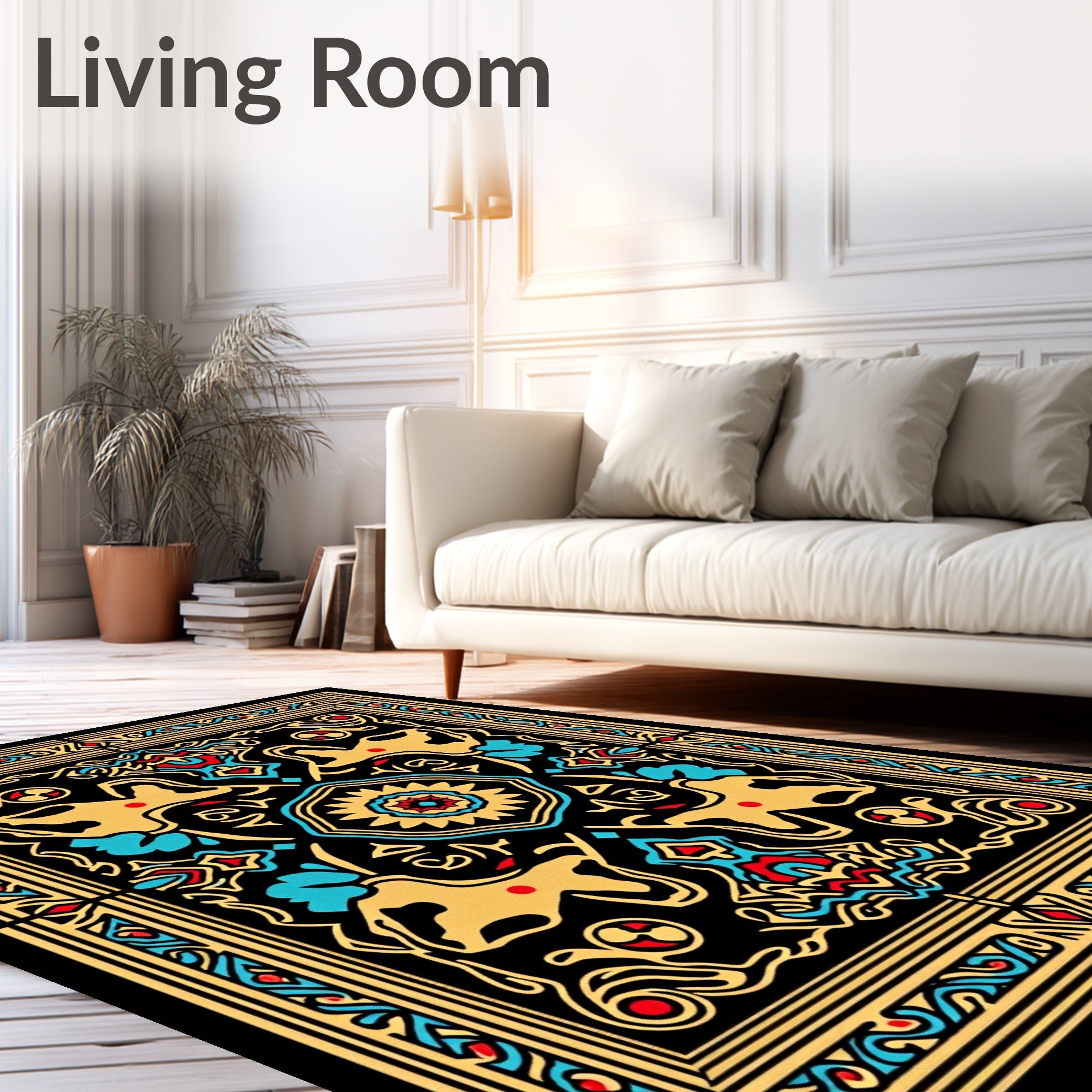 Graphic Gold Red Blue Animal Pattern Rug