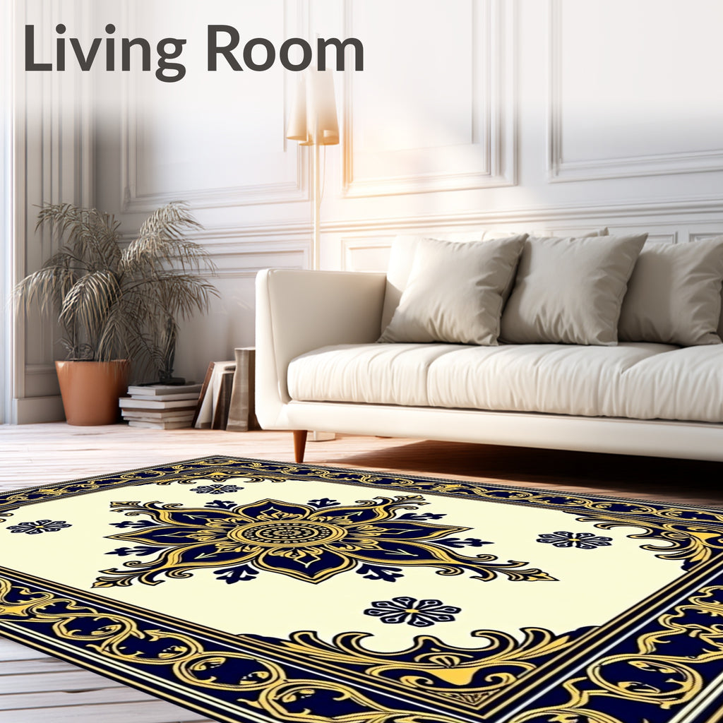Ornate Floral Frame Blue Gold Rug