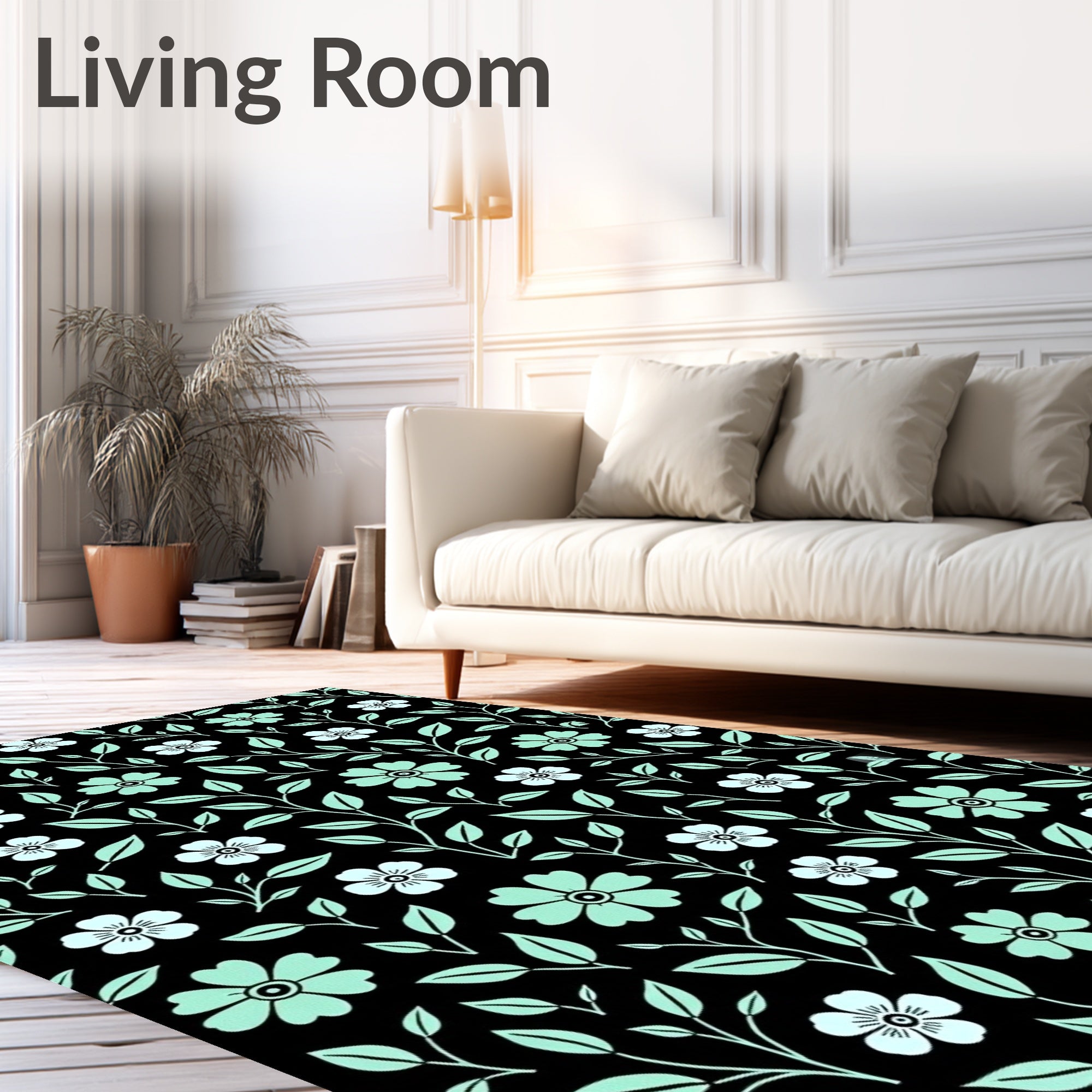 Floral Vine Pattern With Black Background Rug