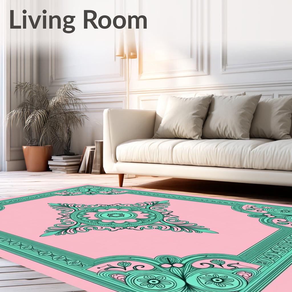 Fancy Teal Floral Frame Design Rug