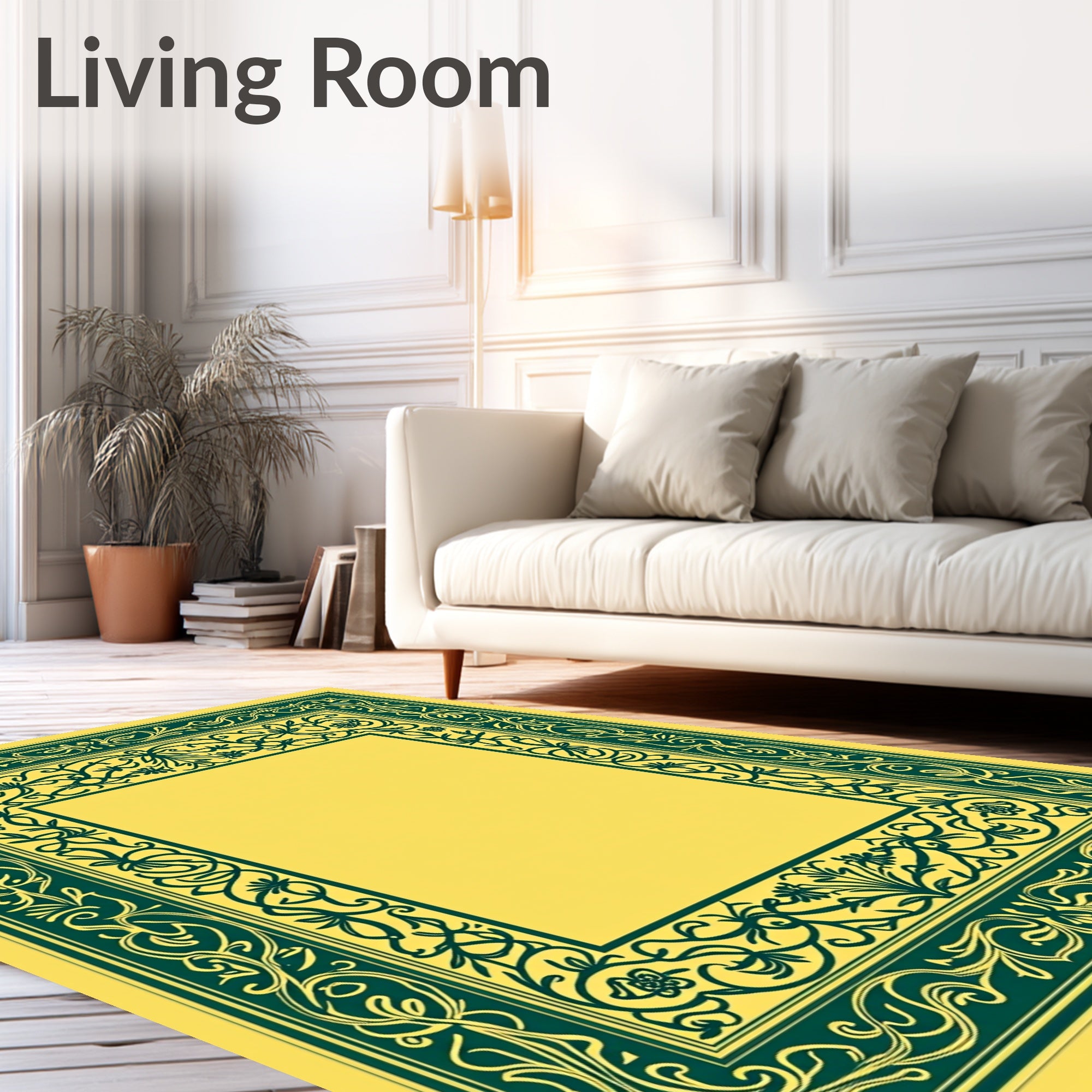 Ornate Green Floral Scroll Pattern Rug