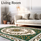 Ornate Green Gold Floral Pattern Rug