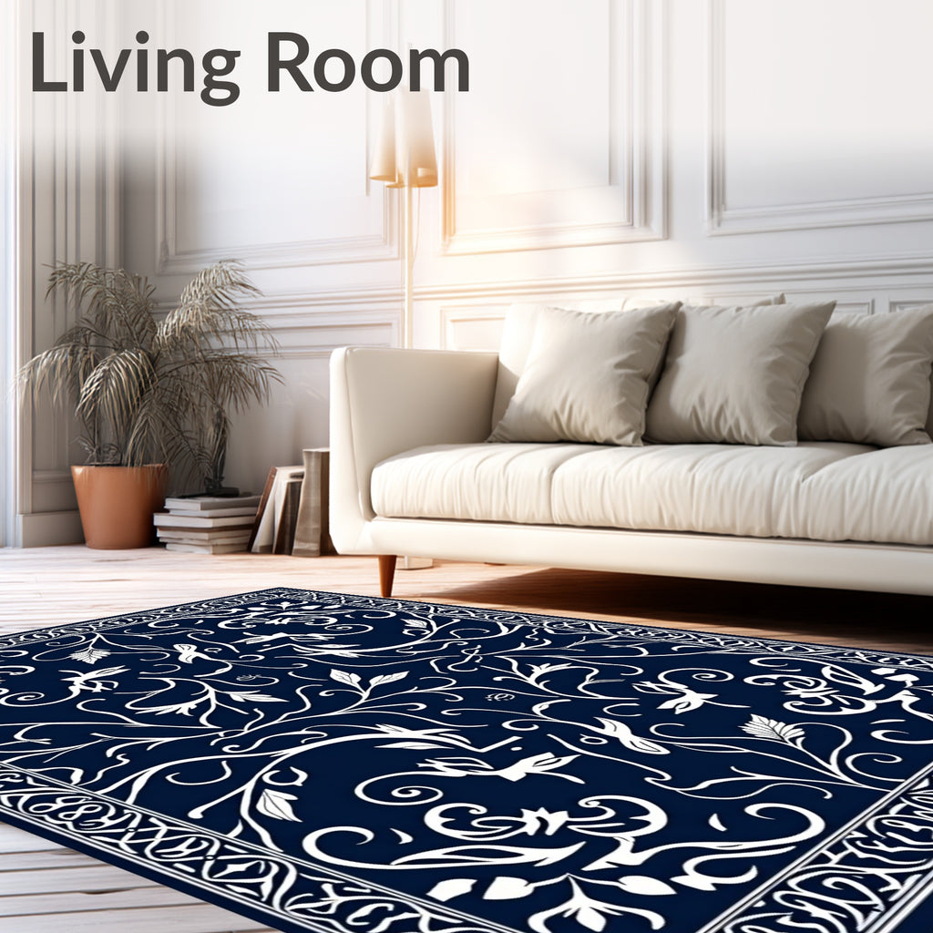 Classic Navy Floral Swirls Pattern Rug