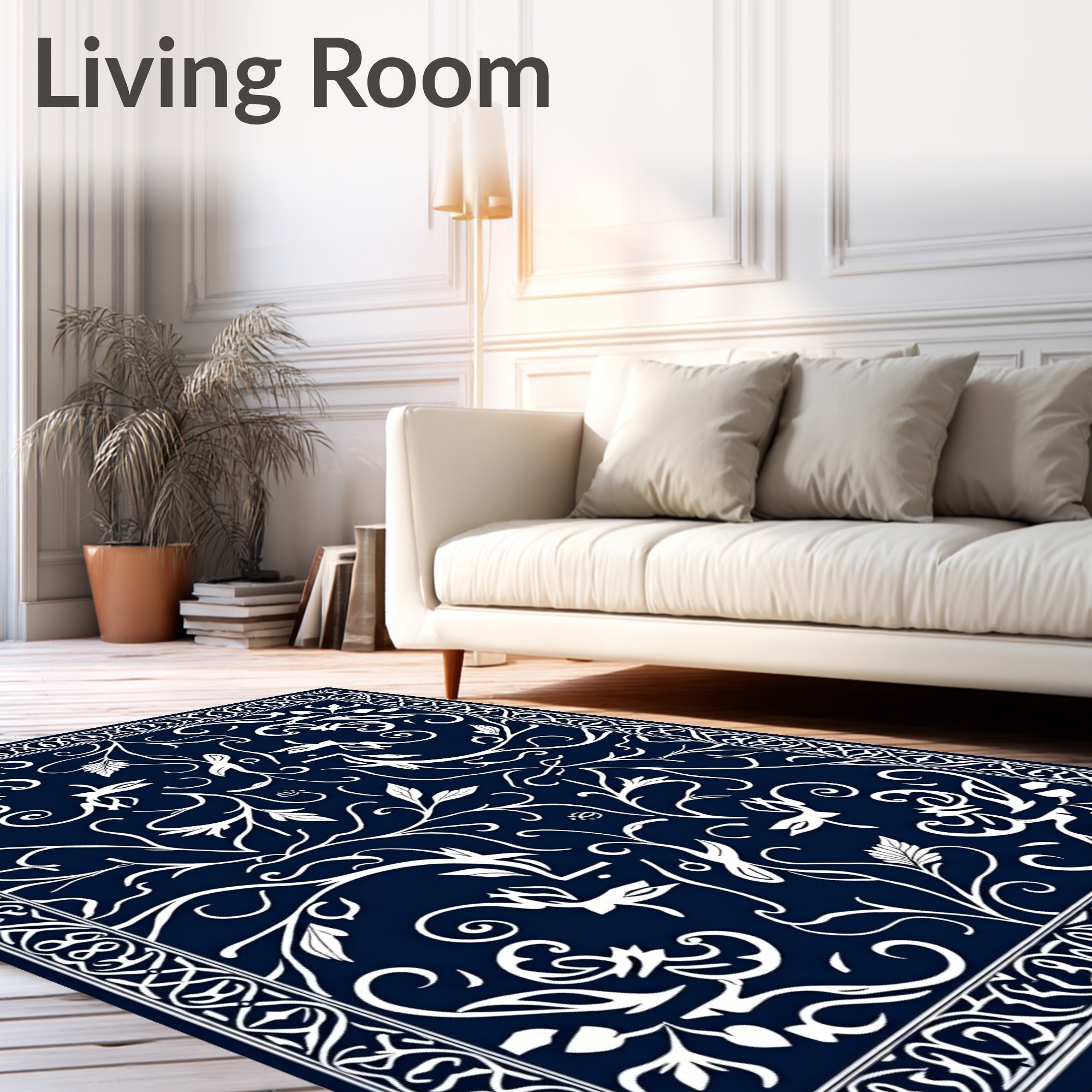 Classic Navy Floral Swirls Pattern Rug